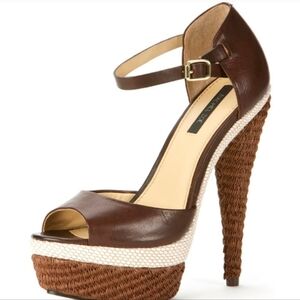Rachel Zoe Brown Leather Platform Wedge Heels with Natural Rope Trim